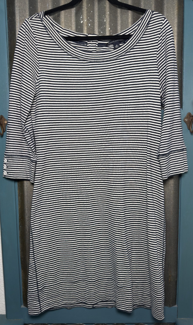 Banana Republic Navy White Striped 3/4 Sleeve Shift Dress Womens M Cotton Summer